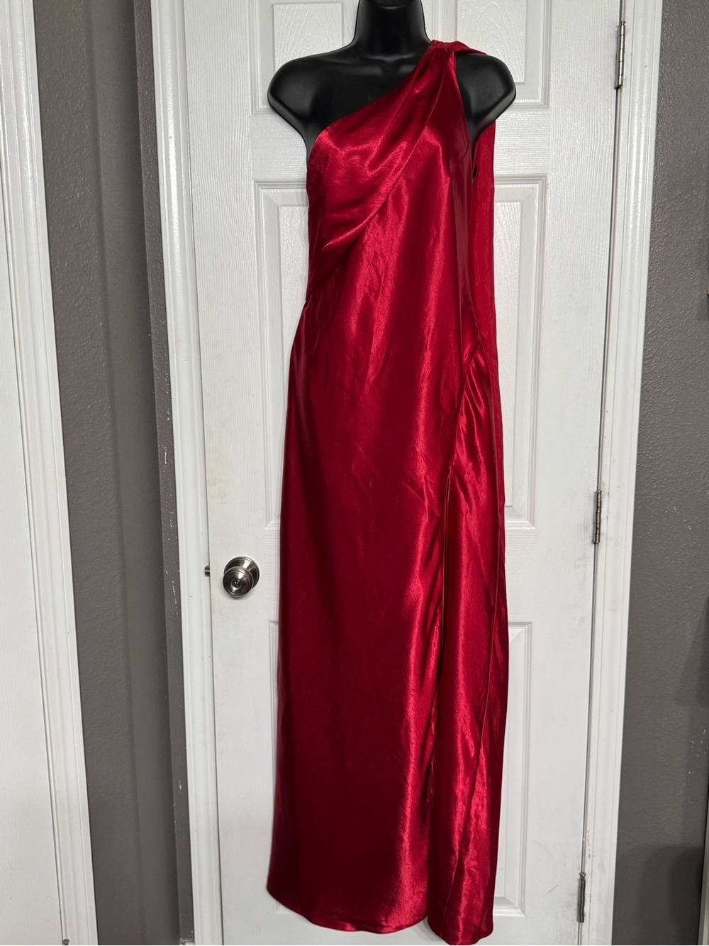 Arotagas One-Shoulder Satin Maxi Dress in Deep Red 2